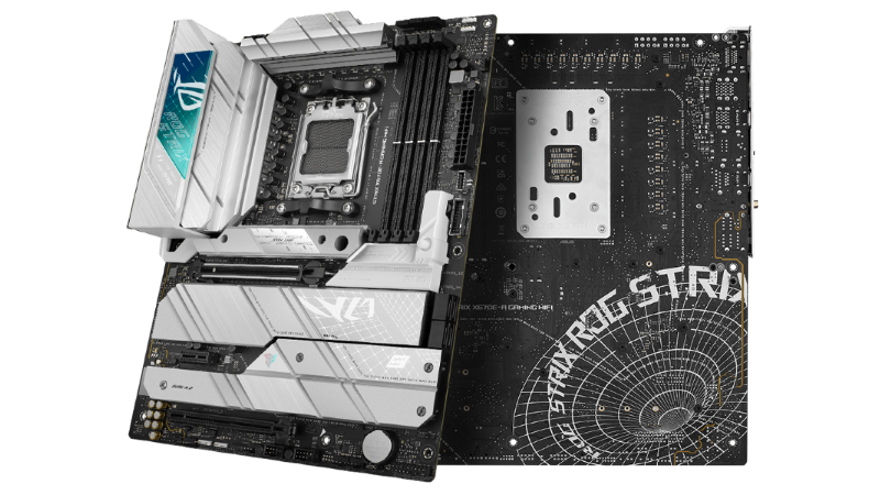 The ROG Strix X670E-A front and back designs offer a clean, modern aesthetic
