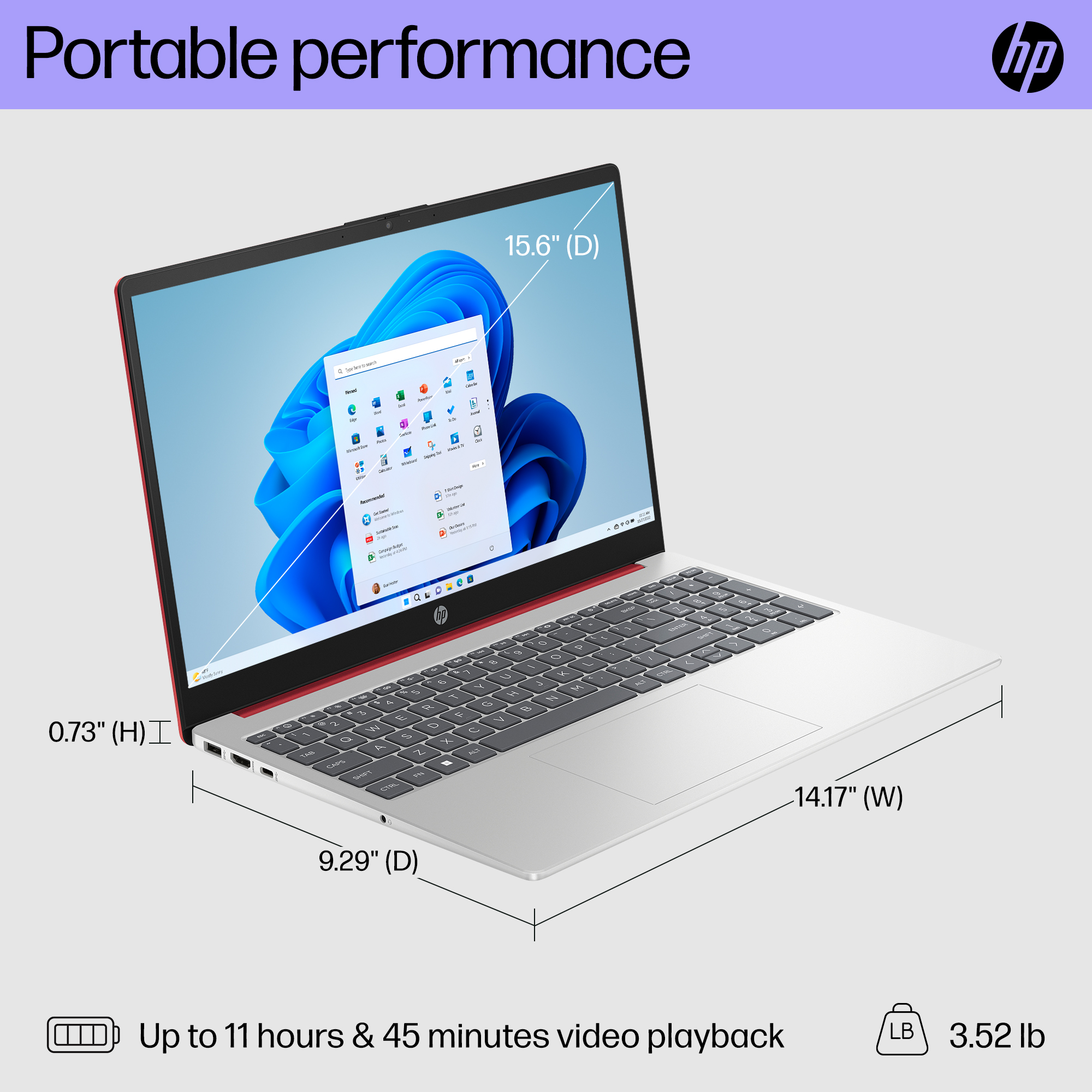 HP notebook PC shows dimensions