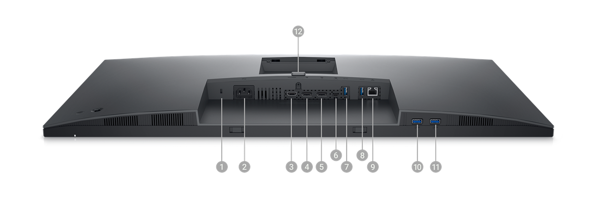 Bild eines auf dem Bildschirm liegenden Dell Monitors P3223DE und darunter die Zahlen von 1 bis 12 zur Kennzeichnung der verfügbaren Anschlüsse
