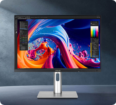 A ProArt monitor displaying vibrant abstract art with swirling colors of blue, red, and orange. A software interface is visible.