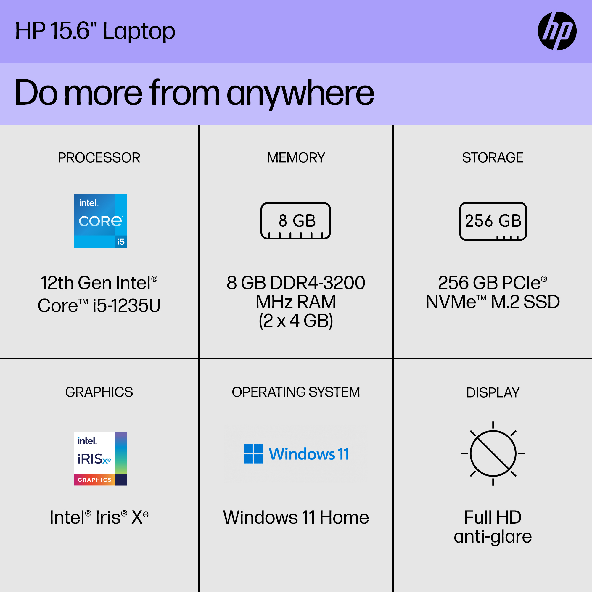 slide 1 of 10, show larger image, list of internal specifications of hp 15.6" laptop