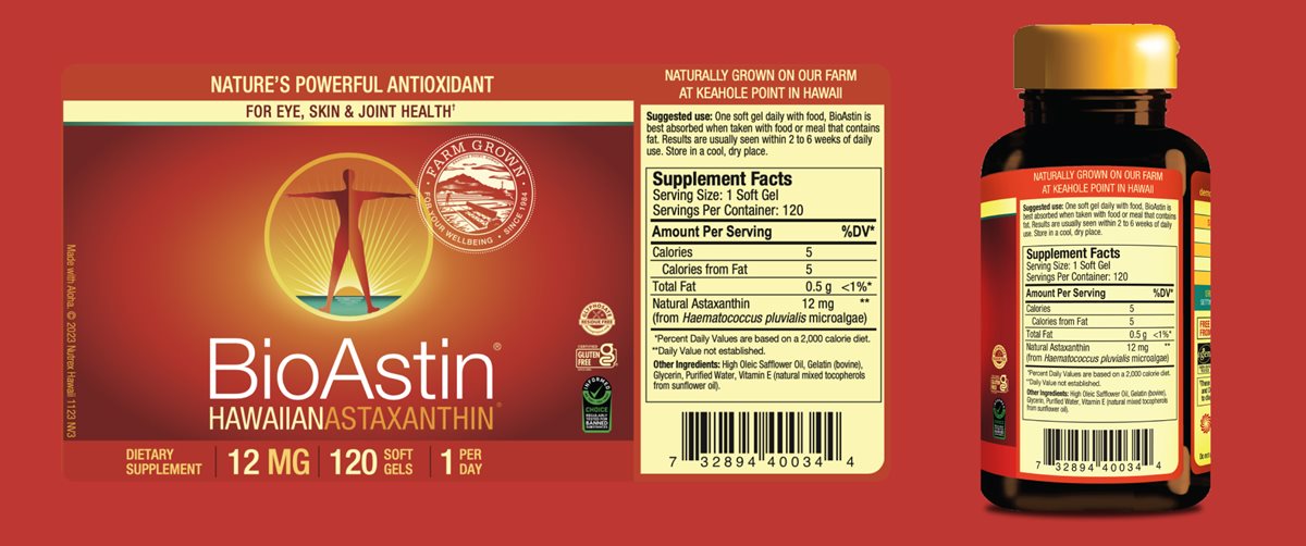 BioAstin Hawaiian Astaxanthin 12MG 120 Count soft gels. Image: Front label and Supplement Facts on the side of the bottle