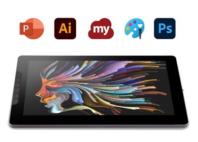 pen display with logos for powerpoint, illustrator, myviewboard, paint, and photoshop