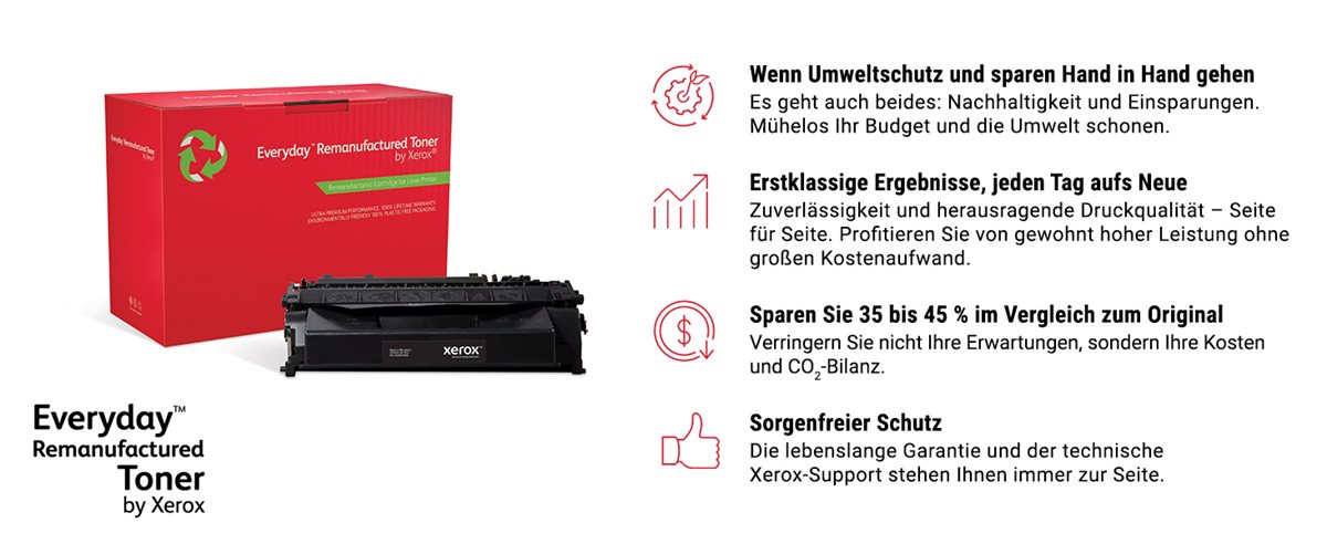 Eine Schachtel und eine Patrone mit Everyday Toner Remanufacturer von Xerox