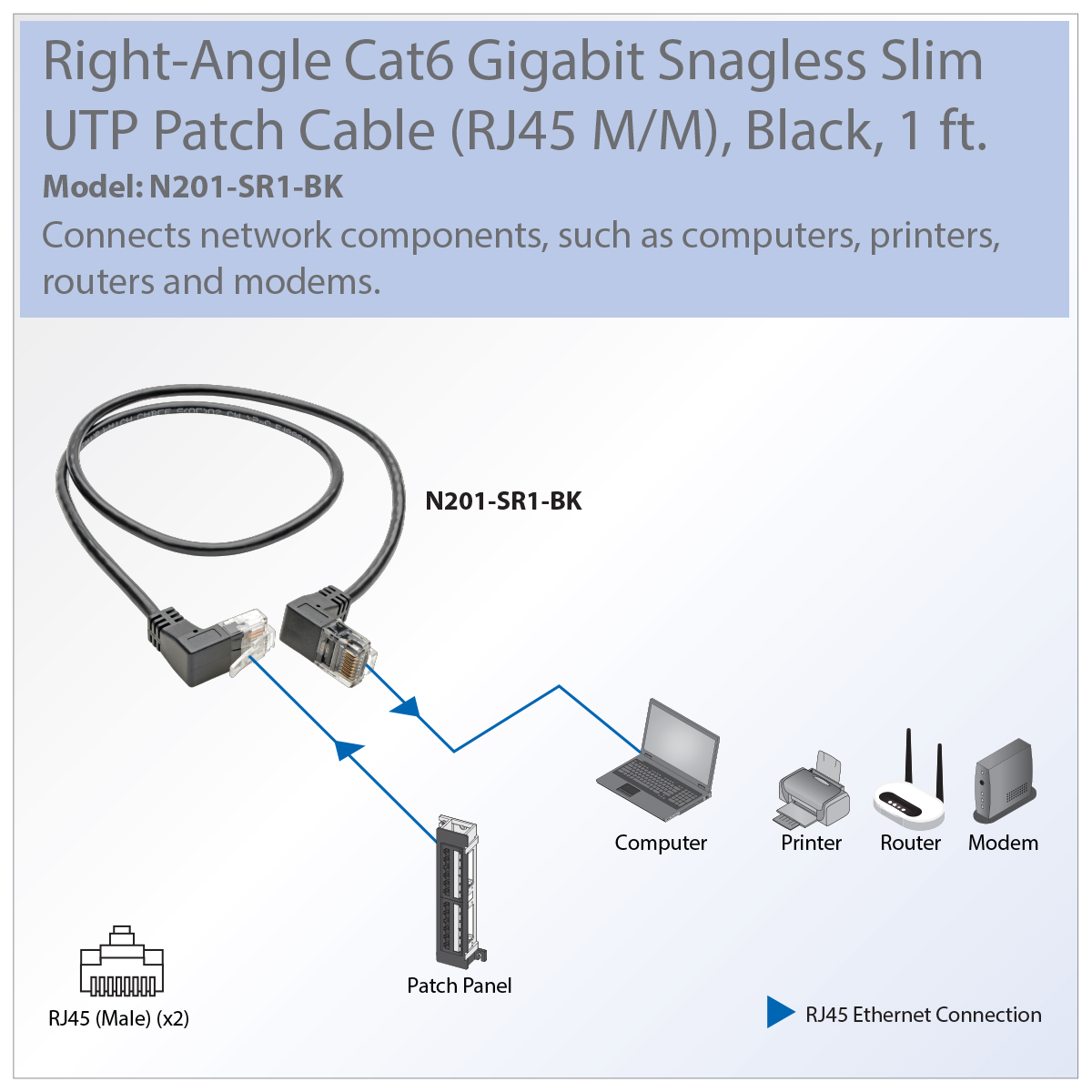 Cat6 Gigabit Ethernet Cable - Right-Angle RJ45 M/M, Molded UTP, 1 ft.