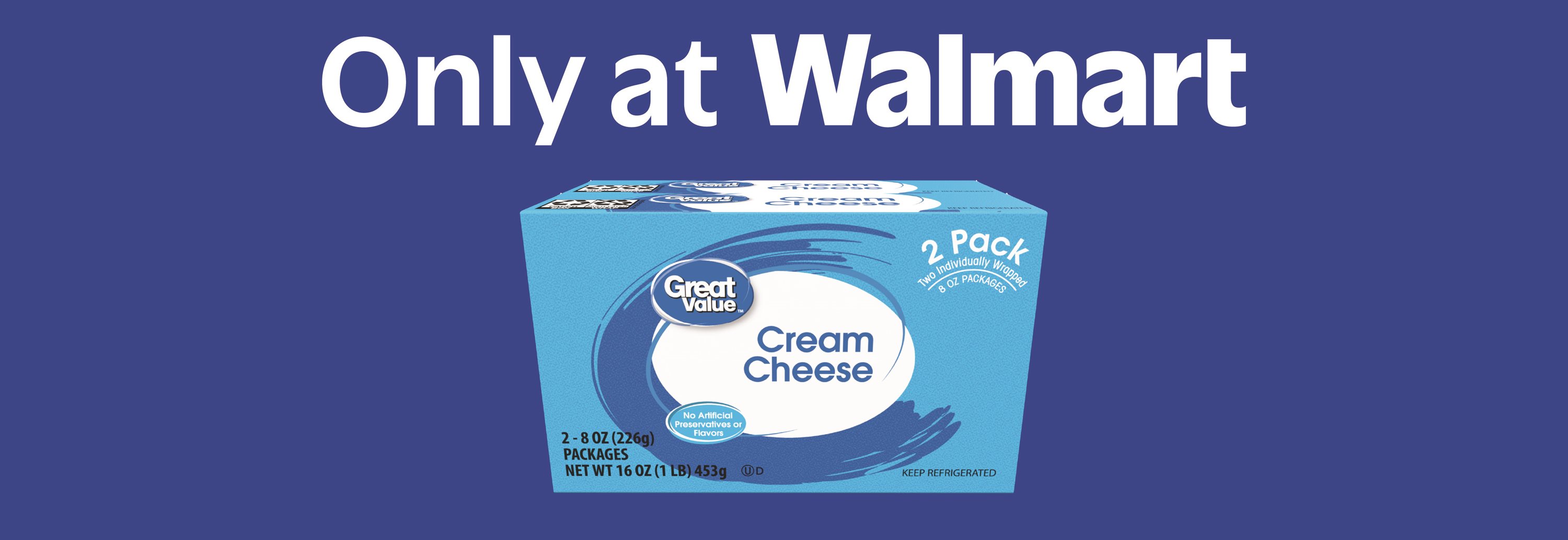 Great Value Cream Cheese 8 oz Brick, 2 Pack, Spreadable, Made from