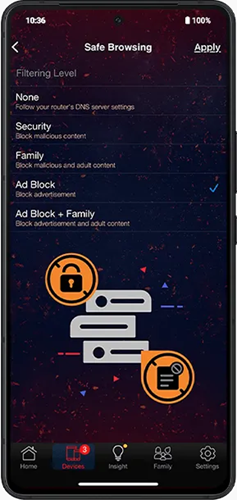 The smartphone screens display Safe Browsing settings with different filtering levels.