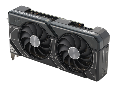 Angled top down view of the card ASUS Dual GeForce RTX 4070 graphics card