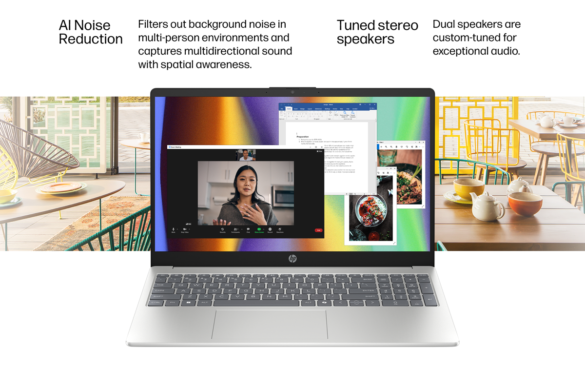 Silver HP laptop PC shows video call on Zoom