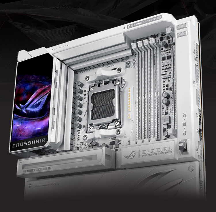 The ROG Crosshair X870E Glacial features a full-color 5-inch LCD screen