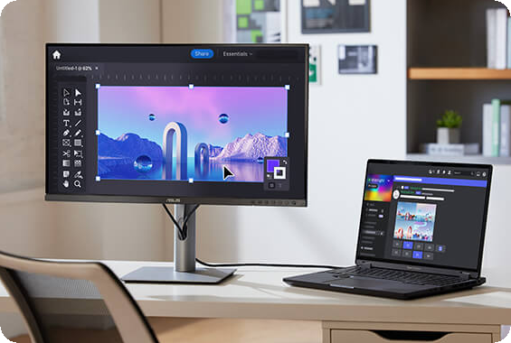 One laptop with an extended display shows AI content creation workflow