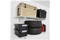 slide 6 of 10, zoom in, saferacks wall mounted garage shelving filled with storage bins, large tools, a cooler, and 2 tires.