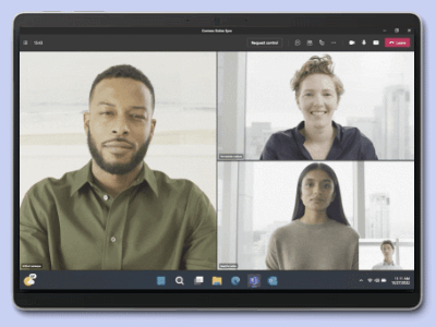 En grupp personer deltar i ett Microsoft Teams-samtal på en Surface Pro 9