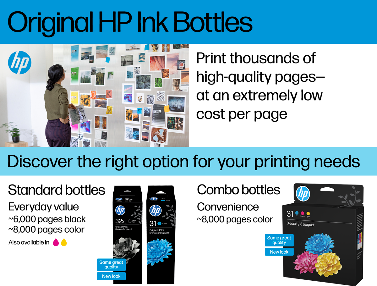 Promotional image for Original HP Ink Bottles. The image is divided into three sections. The top section features a person standing next to a wall covered with various printed photographs and the text 'Original HP Ink Bottles' and 'Print thousands of high-quality pages at an extremely low cost per page.' The middle section has a blue background with the text 'Discover the right option for your printing needs.' The bottom section is split into two parts: the left part shows 'Standard bottles' with a description 'Everyday value ~6,000 pages black, ~8,000 pages color' and images of black and cyan ink bottles. The right part shows 'Combo bottles' with a description 'Convenience ~8,000 pages color' and images of cyan, magenta, and yellow ink bottles.