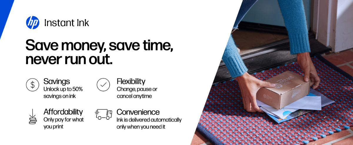 HP Ink subscription saves money and time—up to 50% ink savings, only pay for what you print, flexible plans, and automatic ink delivery