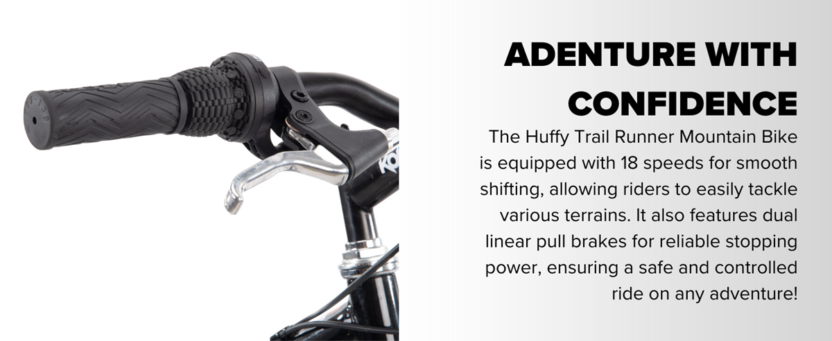 Detail image of the Huffy Trail Runner shifting mechanism demonstrating that you can adventure with confidence