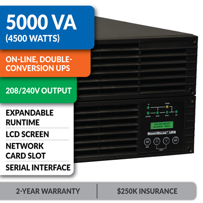 SU5000RT4UHV SmartOnline® Double-Conversion Rack/Tower Sine Wave UPS with Expandable Runtime, Network Slot and LCD/LED Control Panel