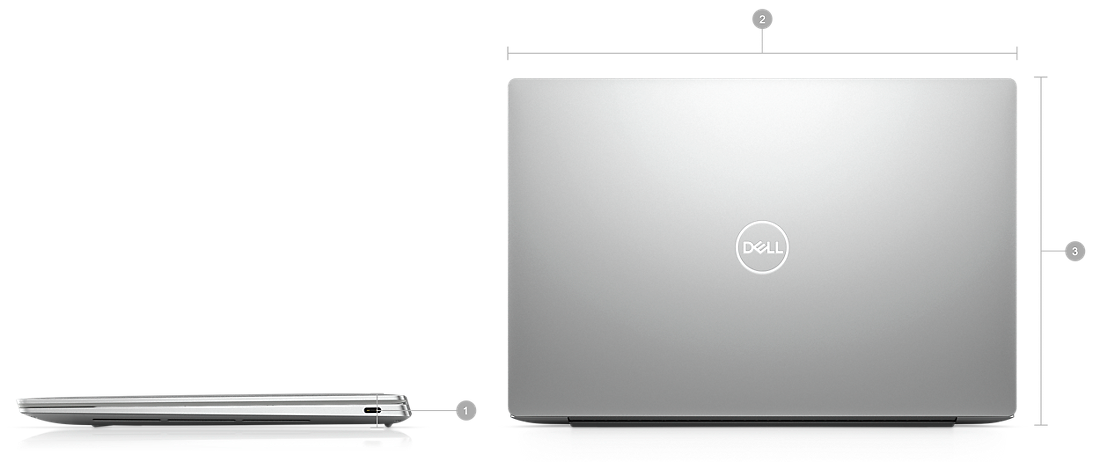 Bilde av Dell XPS 13 9320-bærbare PC-er med tall fra én til tre som symboliserer produkters mål og vekt.