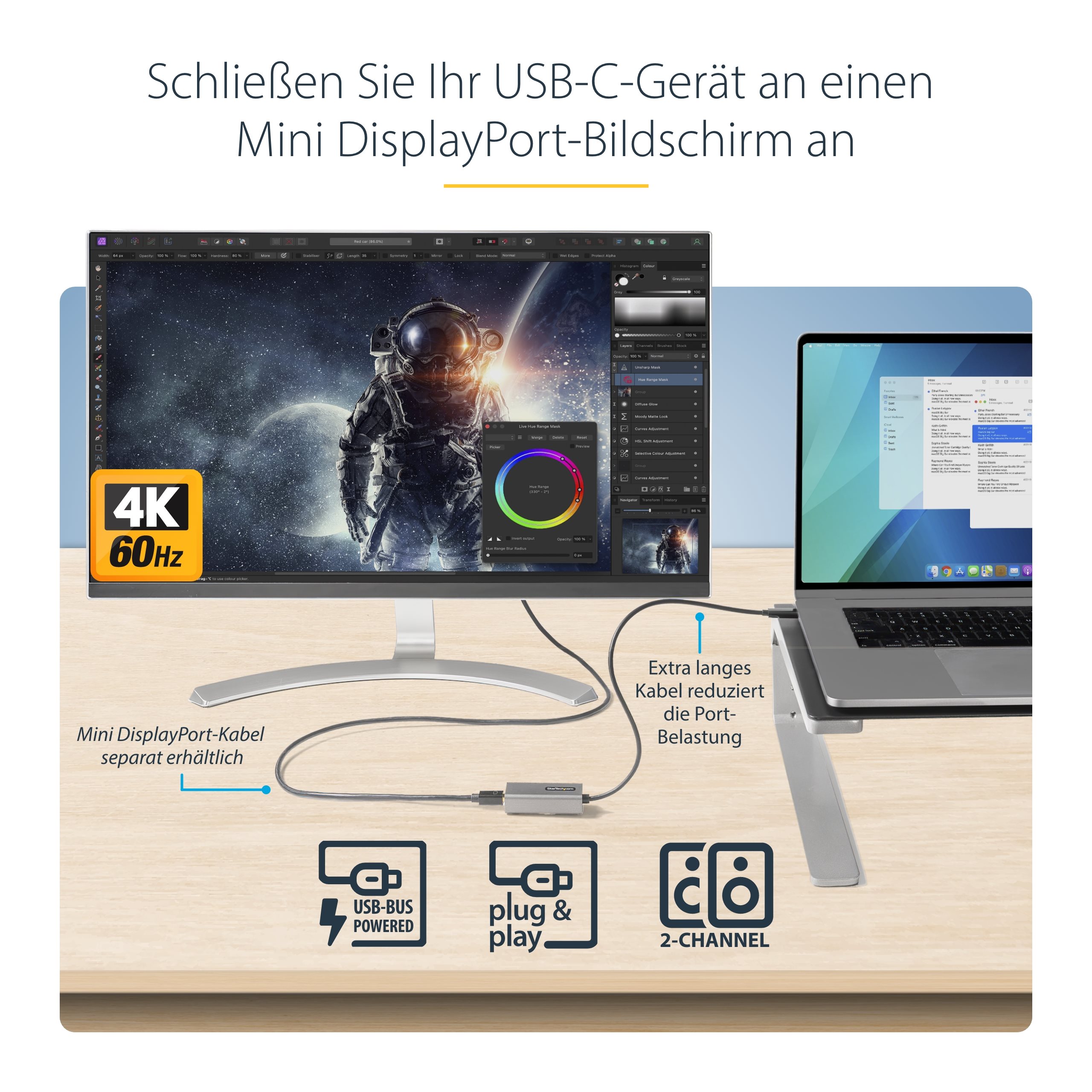 folie 2 von 6, vergrößern, usb-c auf mini displayport adapter - 4k 60hz usb-c auf mdp adapter dongle - usb-type-c zu mini-dp-monitor - videokonverter - kompatibel mit thunderbolt 3 - 30cm kabel (cdp2mdpec)
