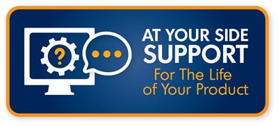 Computer icon with speech bubble and text reading "At your side support for the life of your product"