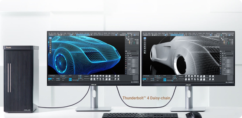 A desktop setup with two monitors showing different 3D designs, connected to the device with various port options.