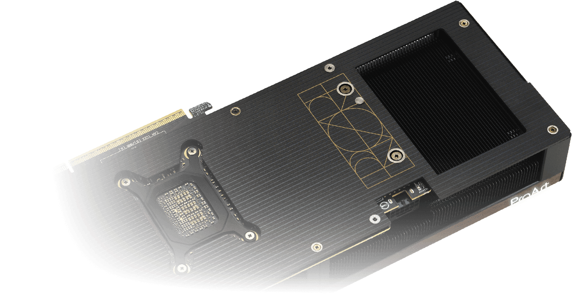 Rückseite mit großer Belüftungsöffnung der ProArt GeForce RTX 5080 Karte