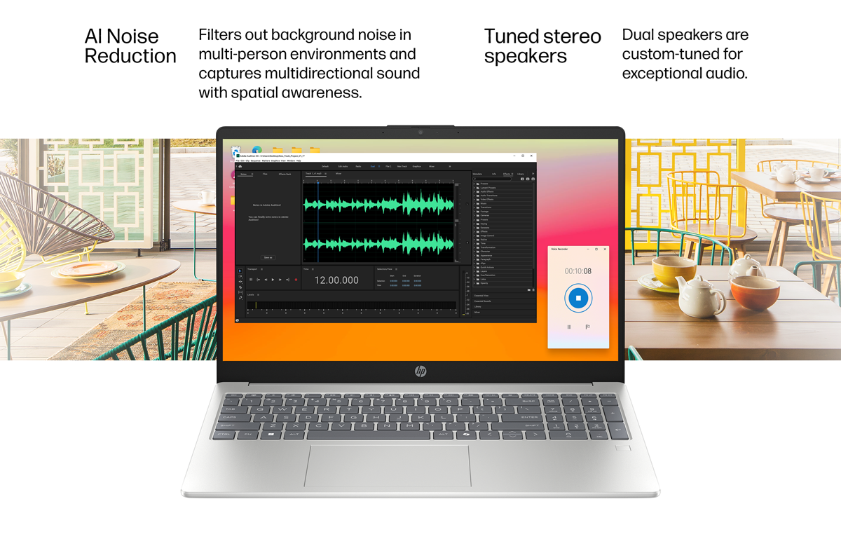 Silver HP laptop PC shows audio recording software