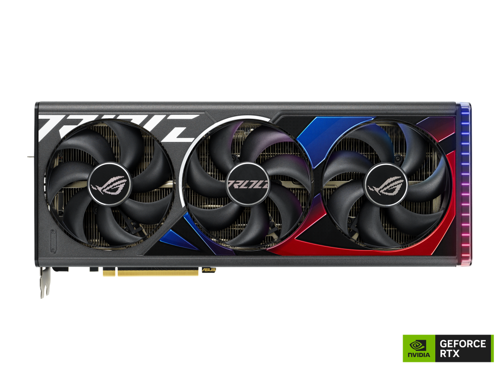 slide 1 of 12, show larger image, front side of the rog strix geforce rtx 4090 graphics card with nvidia logo