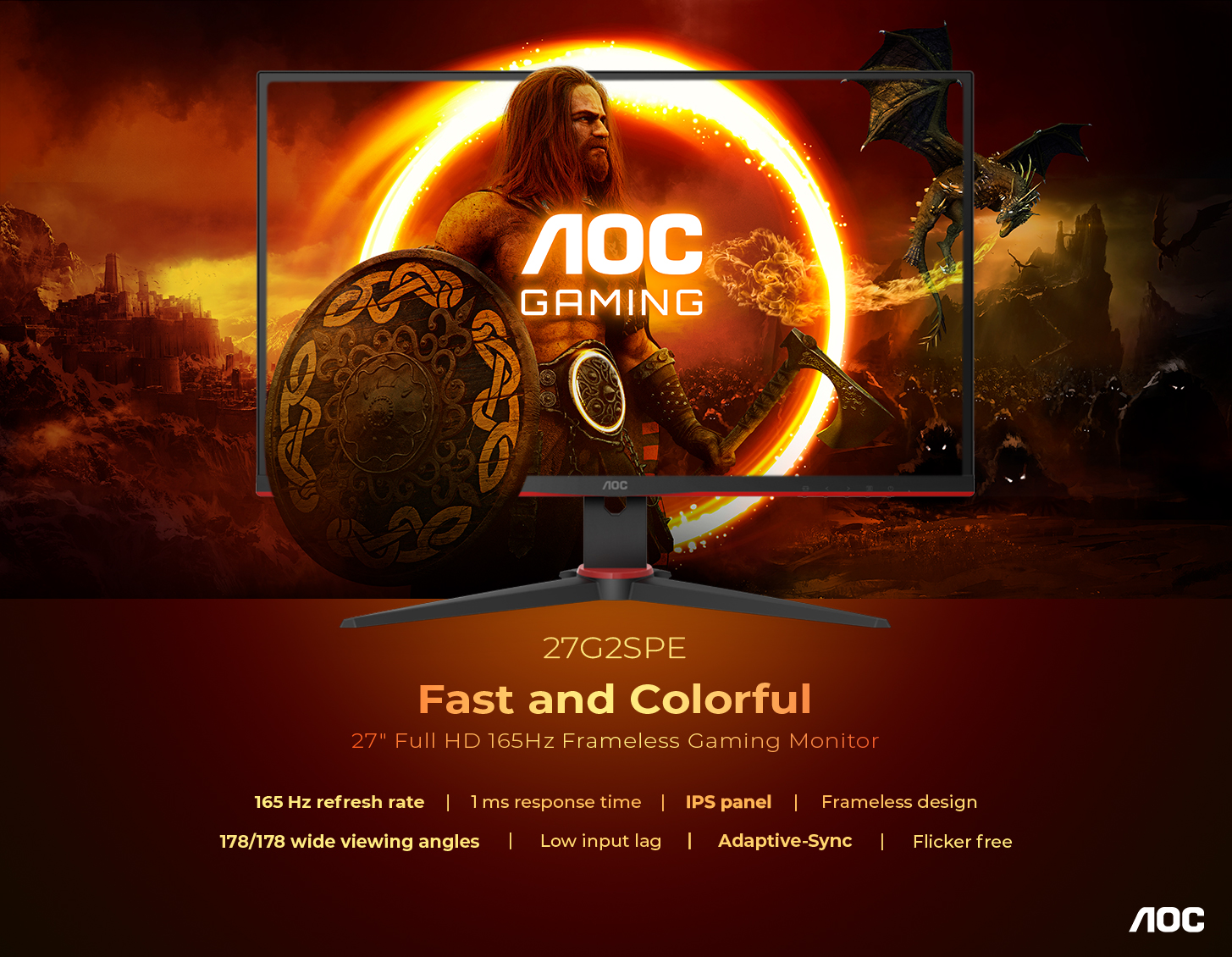 AOC 27G2S 27 Gaming Monitor, Full HD 1920x1080, 165Hz 1ms, G-SYNC  Compatible, 3-Year Zero-Bright-Dot, Black