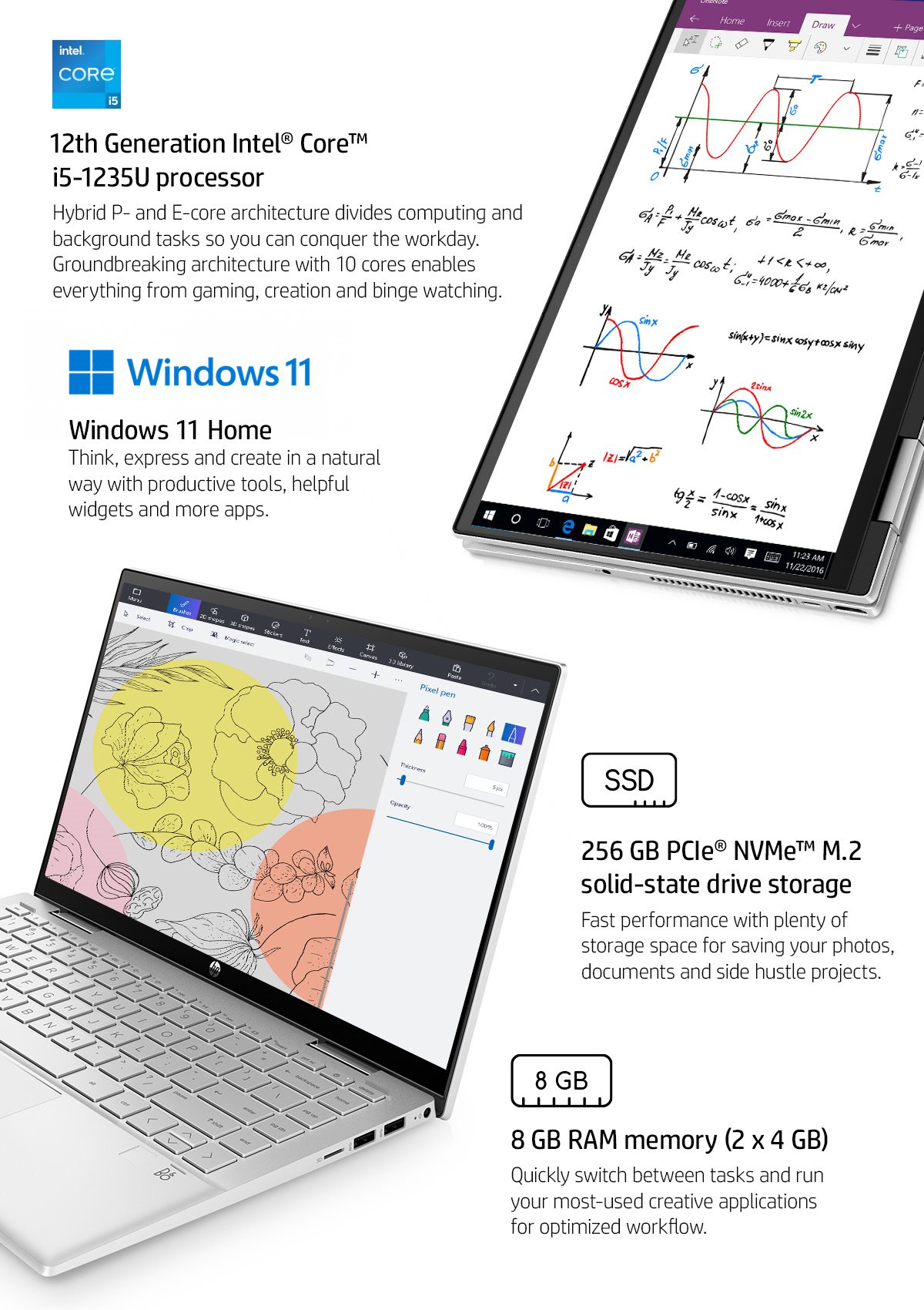 Pavilion x360 in tablet mode shows sketched out math notes; in laptop mode it shows sketch drawing of flowers.