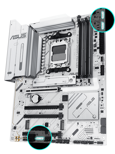 X870 MAX GAMING WIFI7 W Frontansicht, 45 Grad.