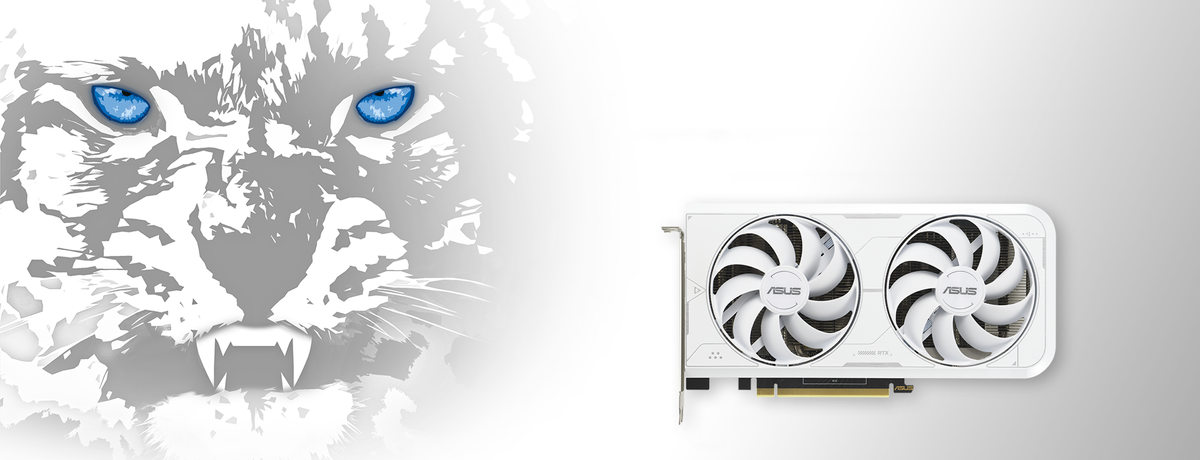 Front angled view of the ASUS Dual GeForce RTX 3060 Ti White Edition graphics card