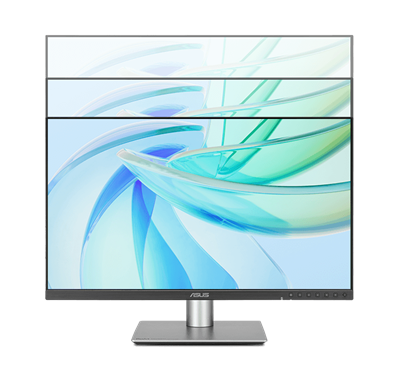 A silver ASUS ProArt monitor on an ergonomic stand with a screen displaying an abstract blue and green graphic, demonstrating its height adjustment range.