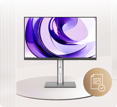 A sleek ProArt monitor with a purple abstract design on the screen. A circular icon shows a document with a checkmark, symbolizing reliability.