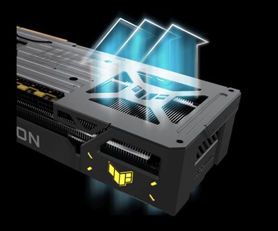 Graphic depicting how airflow passes through the vented exoskeleton of the TUF Gaming RX 9070 XT