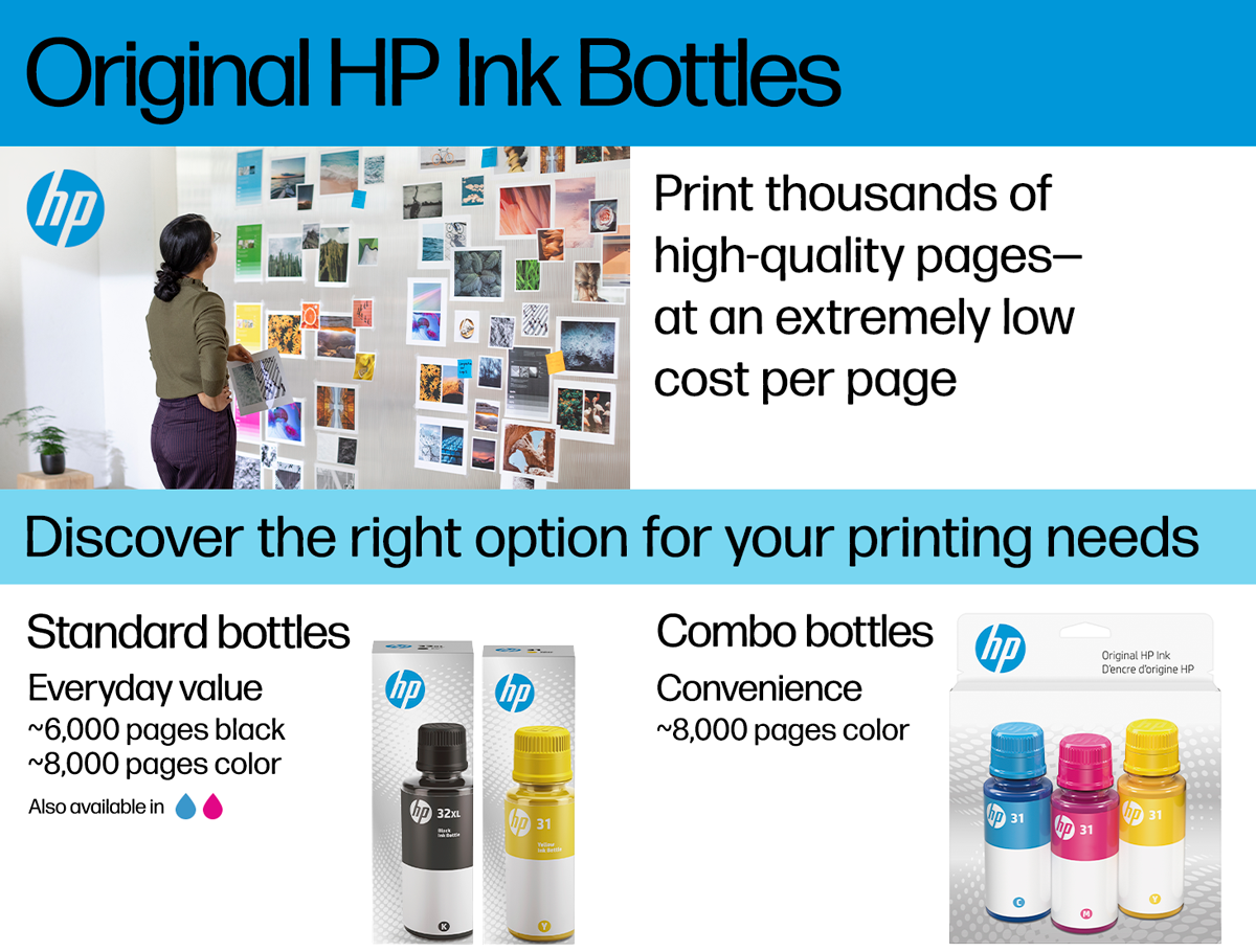 Promotional image for Original HP Ink Bottles. The image is divided into three sections. The top section features a person standing next to a wall covered with various printed photographs and the text 'Original HP Ink Bottles' and 'Print thousands of high-quality pages at an extremely low cost per page.' The middle section has a blue background with the text 'Discover the right option for your printing needs.' The bottom section is split into two parts: the left part shows 'Standard bottles' with a description 'Everyday value ~6,000 pages black, ~8,000 pages color' and images of black and yellow ink bottles. The text also mentions 'Also available in cyan and magenta.' The right part shows 'Combo bottles' with a description 'Convenience ~8,000 pages color' and images of a pack containing cyan, magenta, and yellow ink bottles.