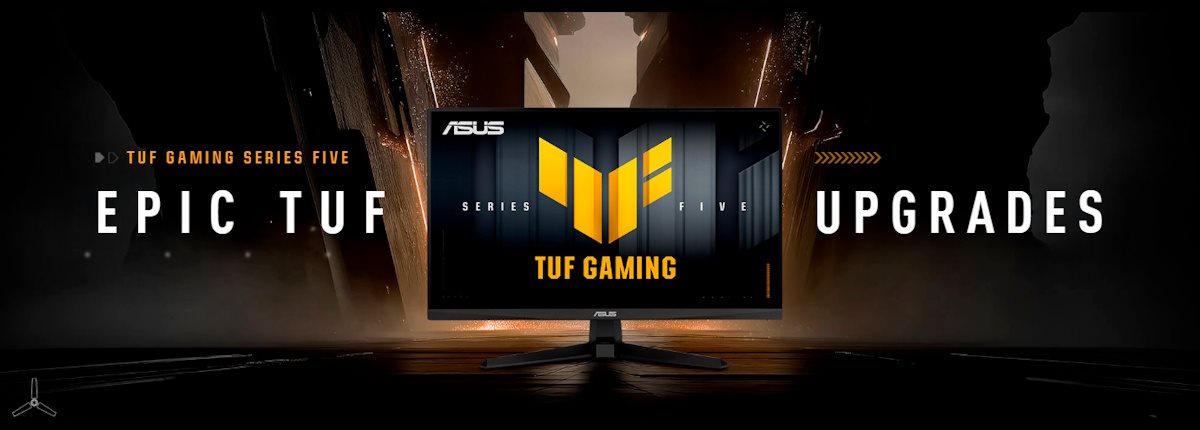 The TUF Gaming monitor VG259QMR5A displaying vibrant, colorful graphics with the TUF logo at its center.