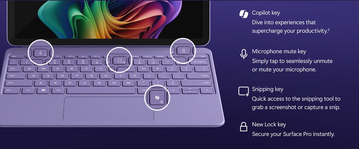 Copilot key. Dive into AI experiences by tapping the Copilot key or quickly secure Surface Pro with the new lock key.Microphone mute key. Simply tap to seamlessly unmute or mute your microphone.Snipping key. Quick access to the snipping tool to grab a screenshot or capture a snip. New Lock key. Secure your Surface Pro instantly.
