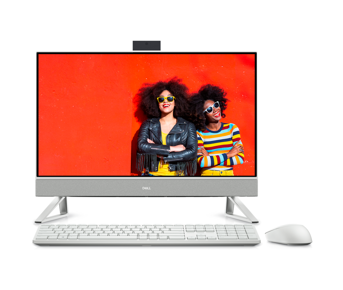 Imagen de una Dell Inspiron 24 5410 todo en uno blanca con dos mujeres usando lentes de sol en la pantalla del monitor.