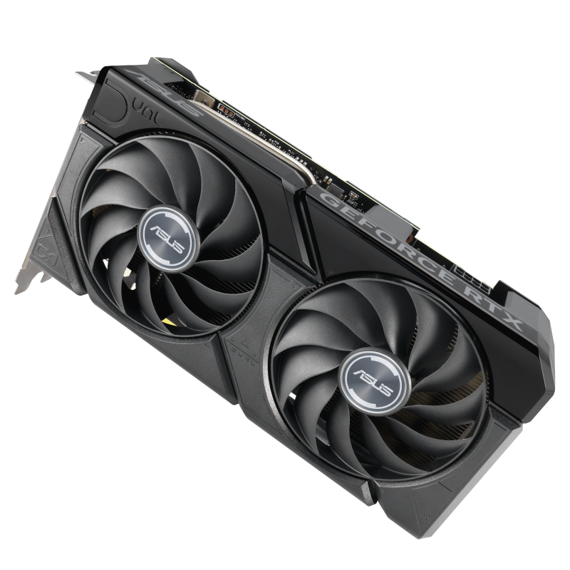 ASUS Dual GeForce RTX 4060 EVO OC Edition, vista frontal inclinada a 45 grados