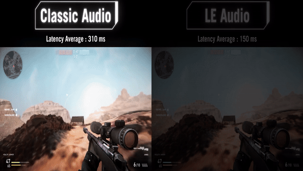 Das Video zeigt ein FPS-Gameplay, um die Latenzunterschiede zwischen Classic Audio (durchschnittlich 310 ms) und LE Audio (durchschnittlich 150 ms) zu demonstrieren.