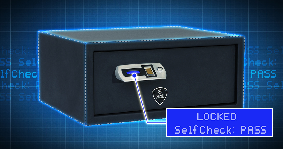 Verifi Smart Safe S6000 with callout pointing to LCD screen that reads LOCKED SelfCheck: Pass