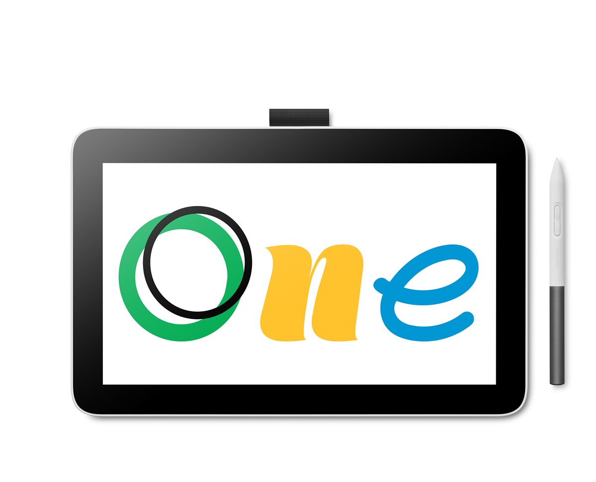 Wacom One 12 face up on a plain white background with its stylus pen to the right of it