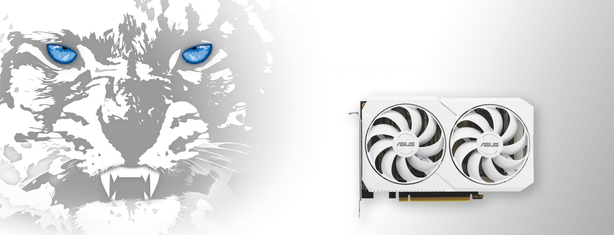 Angled top down view of the ASUS Dual GeForce RTX 3060 white edition graphics card