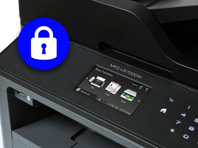 Close-up of printer's control center showing LCD screen with basic functions buttons. With lock security icon