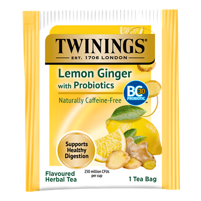 Twinings Probiotic Lemon & Ginger Herbal Tea Individually Wrapped Bags, Digestion Support,  Caffeine-Free,18/Box (TNA95223)
