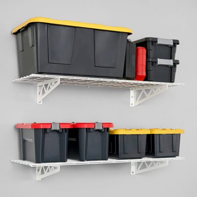 SafeRacks Wall Shelves mounted on a wall with mutliple size storage bins and tool bags sitting on the shelving