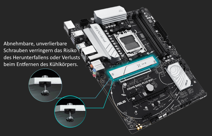 Das PRIME B650-PLUS WIFI Mainboard bietet M.2-Kühlkörper.