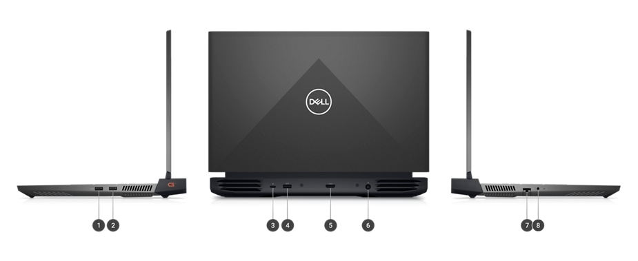 Imagen de tres laptops para juegos Dell G15 5525 con números del 1 al 8 que indican los puertos y las ranuras del producto.
