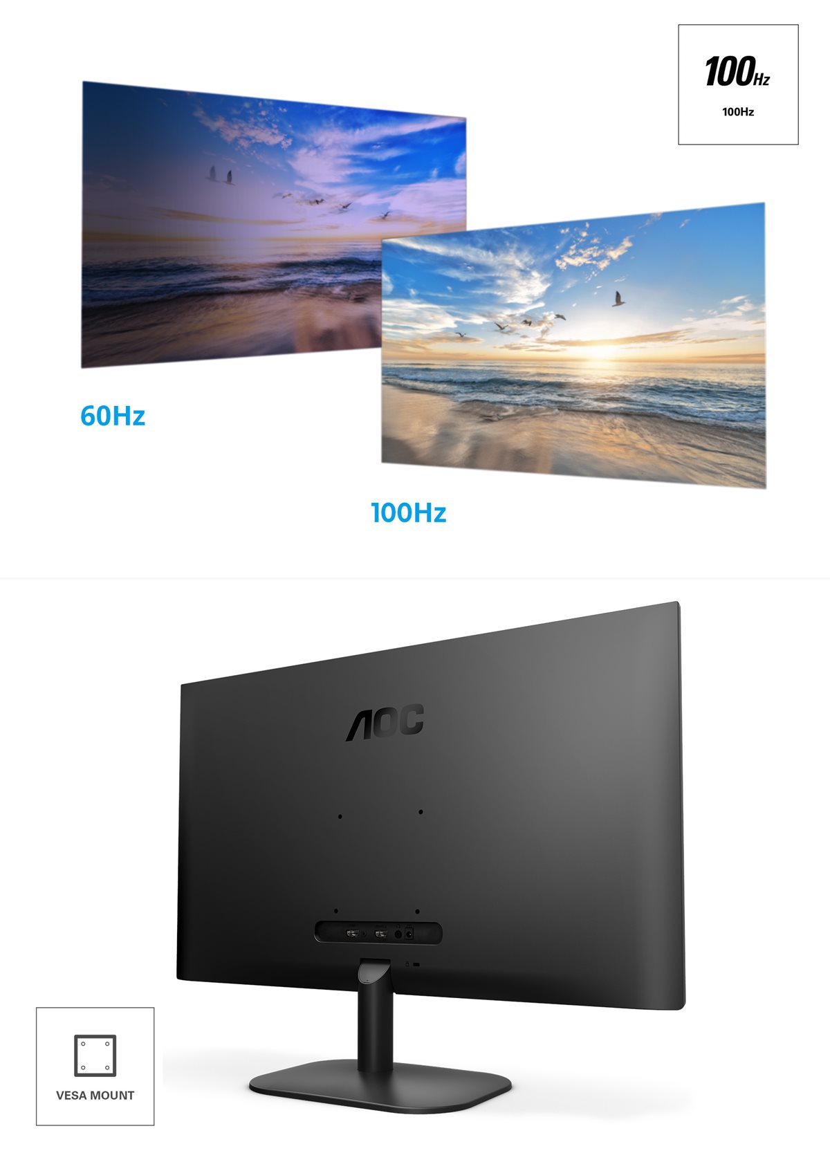 AOC 24B2H2 24” Frameless IPS Monitor, FHD 1920x1080, 100Hz, 106